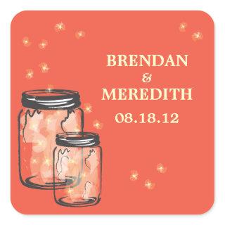 Mason Jars with fireflies Wedding Square Sticker
