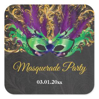 Masquerade Party Magical Night Green Purple Gold Square Sticker