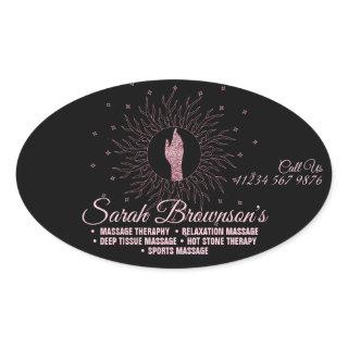 Massage Therapy Pink Black Script Healing Hands  Oval Sticker