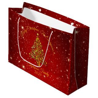 Matching Set Christmas Red Gold Tree Stars Name Large Gift Bag