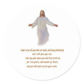 Matthew 11:28 gifts classic round sticker