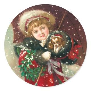 Maud Humphrey's Winter Girl with dog Classic Round Sticker