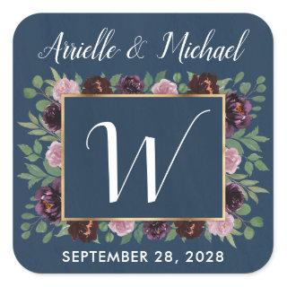 Mauve and Navy Blue Gold Plum Fall Wedding Favors Square Sticker