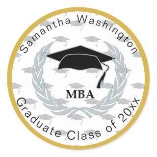 MBA Masters Graduate Cap Pattern Gold Border Classic Round Sticker