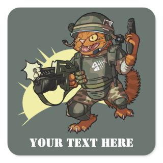 Mean Sci-fi Marine Ginger Cat Firing Gun Cartoon Square Sticker