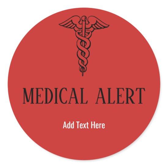Medical Alert Red Caduceus Symbol Custom Text Classic Round Sticker