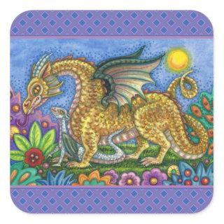 MEDIEVAL DRAGON & YOUNG, COLORFUL FOLK ART GARDEN SQUARE STICKER