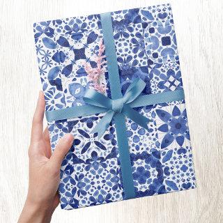 Mediterranean Blue White Tile Pattern Watercolor