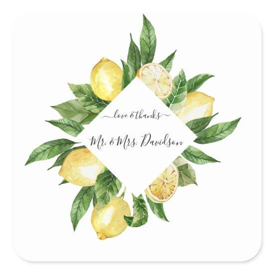 Mediterranean Watercolor Lemon Tropical Wedding Square Sticker