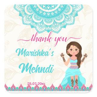 Mehndi board sign welcome pink and blue bride square sticker