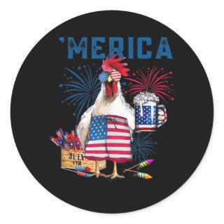 Merica Funny Chicken with beer USA Flag 4th of Classic Round Sticker