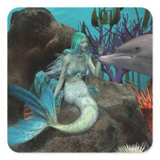 Mermaid and Dolphin Under the Sea Square Sticker