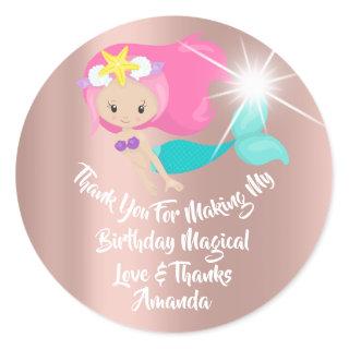 Mermaid Birthday Favor Girl Spark Braid Pink Hairs Classic Round Sticker