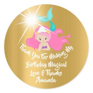 Mermaid Birthday Favor Girl Spark Gold Pink Aqua Classic Round Sticker
