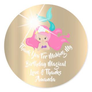 Mermaid Birthday Favor Girl Spark Gold Pink Tiffan Classic Round Sticker