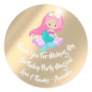 Mermaid Birthday Favor Pink Spark Gold Champaigne Classic Round Sticker