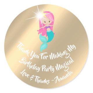 Mermaid Birthday Favor Pink Spark Gold Champaigne Classic Round Sticker