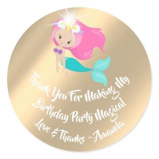Mermaid Birthday Favor Pink Spark Gold Seashells Classic Round Sticker