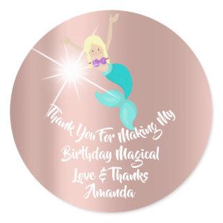 Mermaid Birthday Party Favor Girl Spark Rose Blond Classic Round Sticker