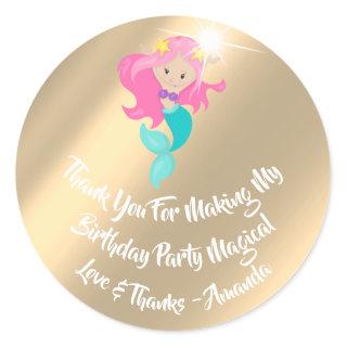 Mermaid Birthday Party Favor Pink Spark Gold Classic Round Sticker