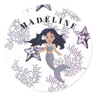 Mermaid Cute Dark Hair Under The Sea Kids Classic Round Sticker