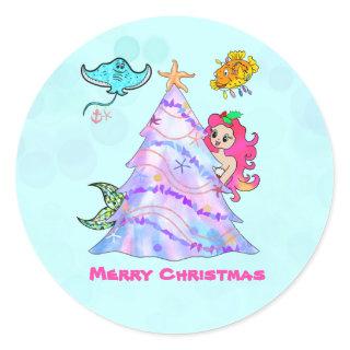Mermaid & Friends Decorating Christmas Tree  Classic Round Sticker