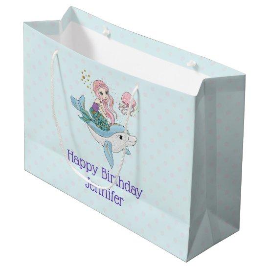 Mermaid Riding a Dolphin Under the Sea Birthday Large Gift Bag