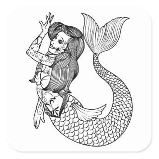 Mermaid Tattoo Vintage Mermaid Art Tattoo Girls Square Sticker