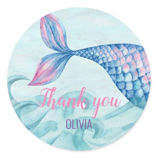 Mermaid watercolor birthday Favor thank you Classic Round Sticker