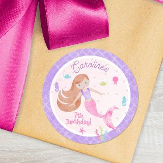 Mermaid with Red Hair & Sea Creatures Birthday Classic Round Sticker