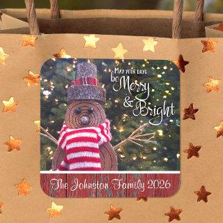 Merry and Bright Rustic Snowman Cute Custom Name Square Sticker