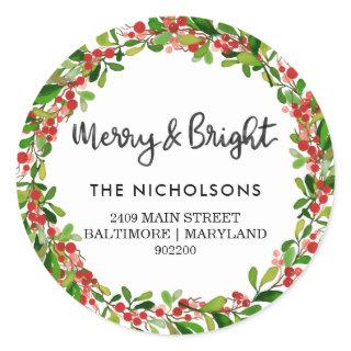 Merry And Bright Script | Holiday Return Address C Classic Round Sticker