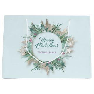 Merry Belly Christmas Holidays Branch Blue Ivory Large Gift Bag