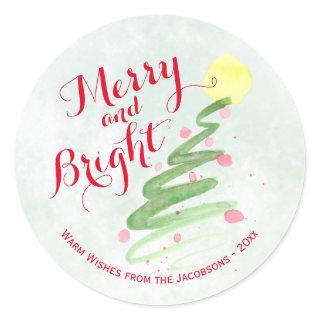 Merry & Bright Abstract Watercolor Christmas Tree Classic Round Sticker