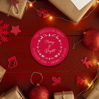 Merry Bright Family Address Deer Gray Silver Red Classic Round Sticker