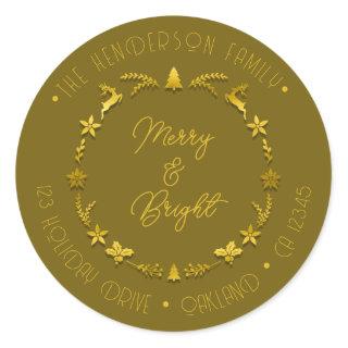 Merry Bright Family Address Holidays Gold Mustard Classic Round Sticker