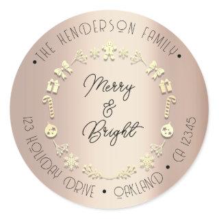 Merry Bright Holiday Address Wreath Rose Gold Classic Round Sticker