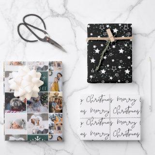 Merry bright snow 8 photos grid collage black  sheets