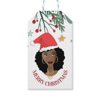 Merry Christmas, Black Woman, Red Santa Hat Gift Tags
