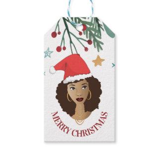 Merry Christmas, Black Woman, Red Santa Hat Gift Tags