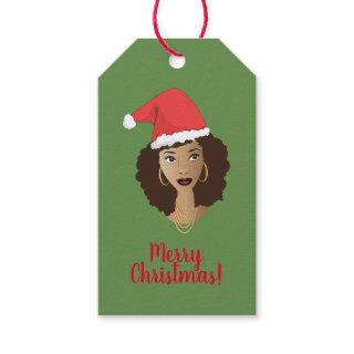 Merry Christmas! Black Woman, Red Santa Hat, Green Gift Tags