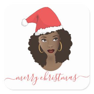 Merry Christmas, Black Woman, Red Santa Hat Square Sticker