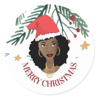 Merry Christmas, Black Woman, Red Santa Hat, Tree Classic Round Sticker