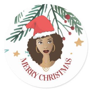 Merry Christmas, Black Woman, Red Santa Hat, Tree Classic Round Sticker
