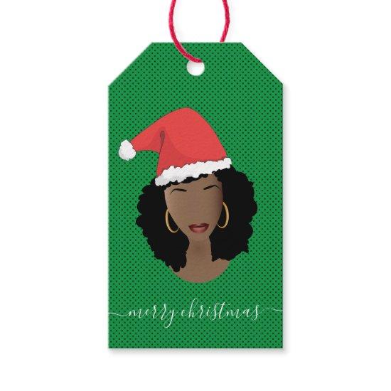 Merry Christmas, Black Woman, Santa Hat, Green Gift Tags