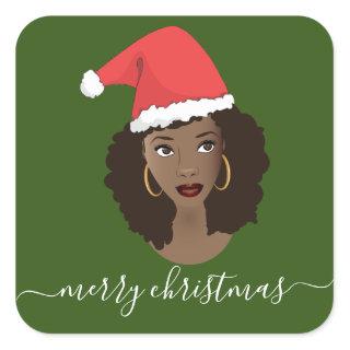 Merry Christmas, Black Woman, Santa Hat, Green Square Sticker