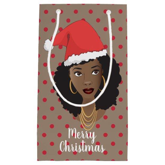 Merry Christmas! Black Woman Santa Hat Gum Red Small Gift Bag
