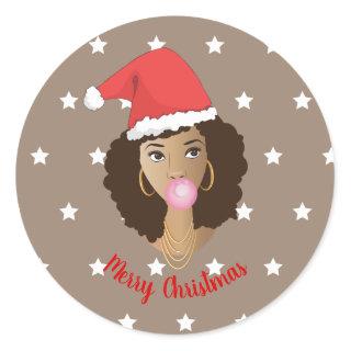 Merry Christmas! Black Woman, Santa Hat, Gum, Star Classic Round Sticker