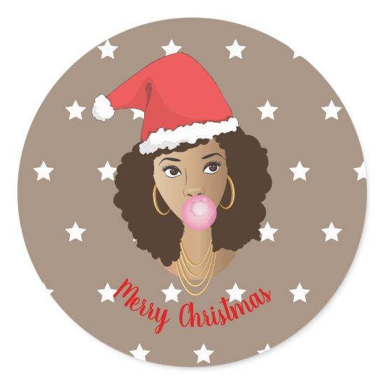 Merry Christmas! Black Woman, Santa Hat, Gum, Star Classic Round Sticker