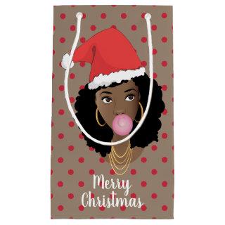 Merry Christmas! Black Woman, Santa Hat, Red Dots Small Gift Bag
